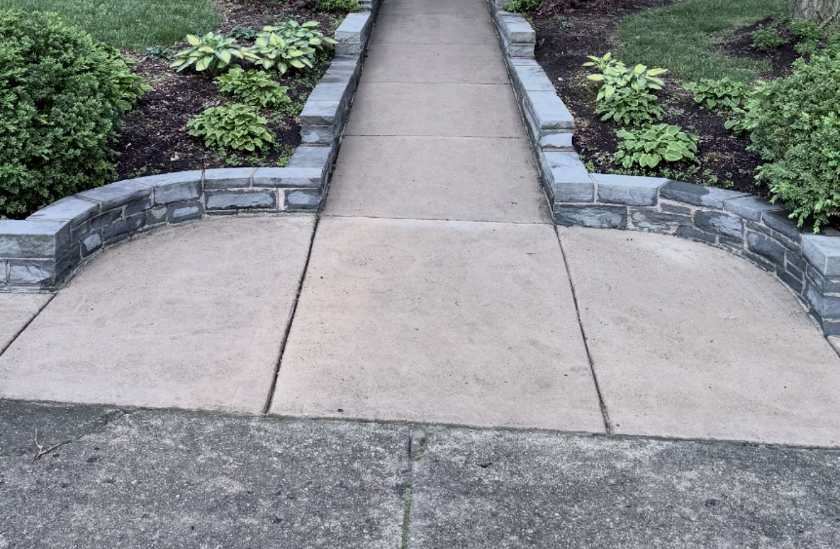 Garden walkway with clean concrete after cleaning