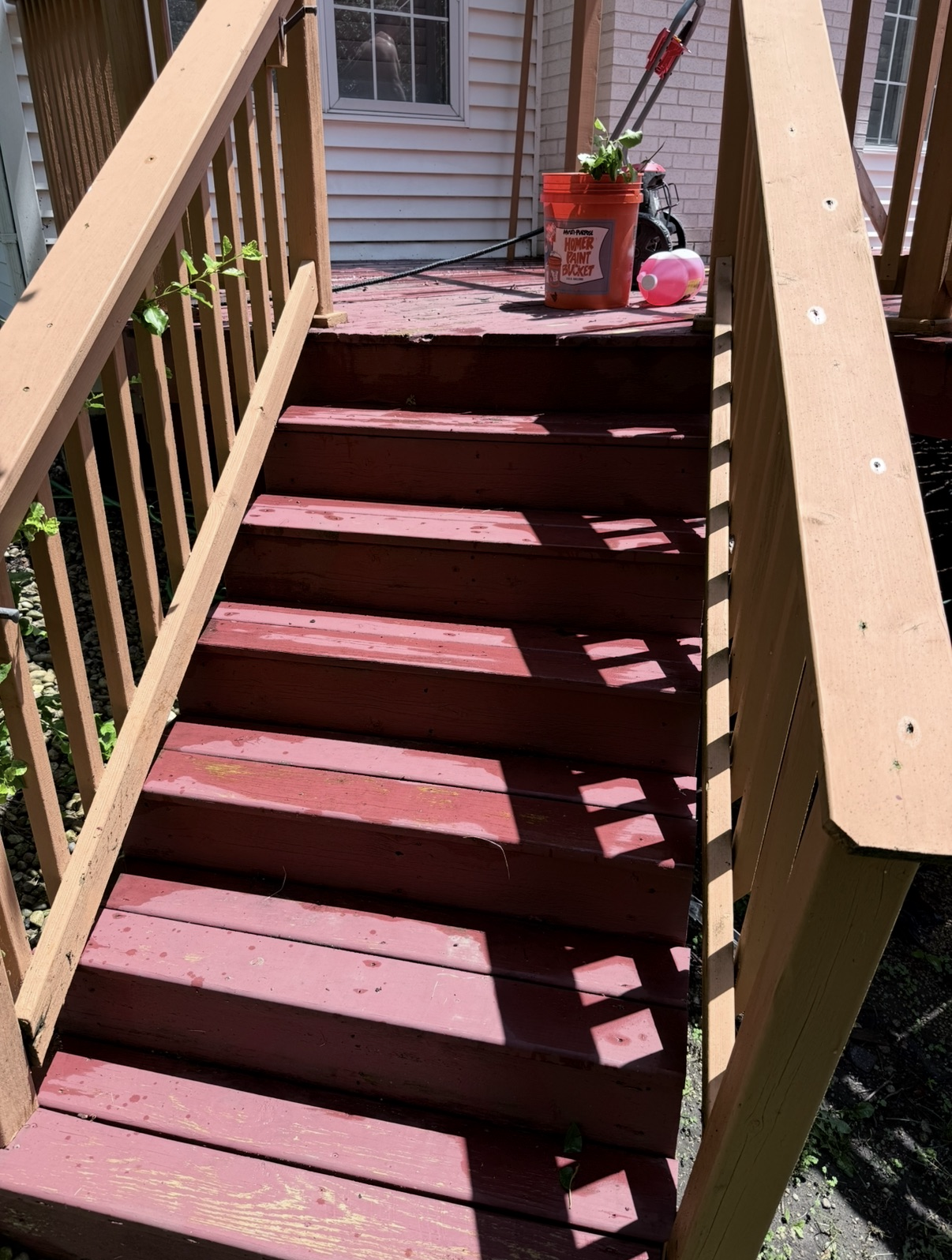 Wood deck stairs after pressure washing